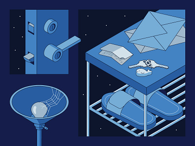 Empty Spaces 5 blue door empty illustration isometric keys lamp note slippers space stars