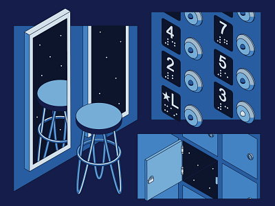 Empty Spaces 9 button elevator empty illustration isometric locker mirror space stars stool