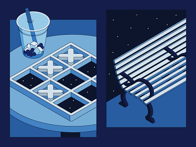 Empty Spaces 10 bench blue boba drink game illustration isometric sky space stars tic tac toe