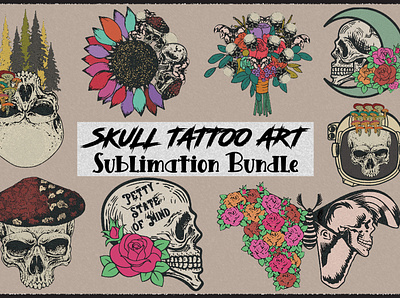 Skull Tattoo Art Sublimation Bundle 3d animation branding design graphic design illustration logo motion graphics ui ux vector