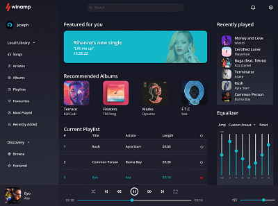 Winamp Desktop UI redesign dashboard design desktop app music app music dashboard product design ui uiux user interface