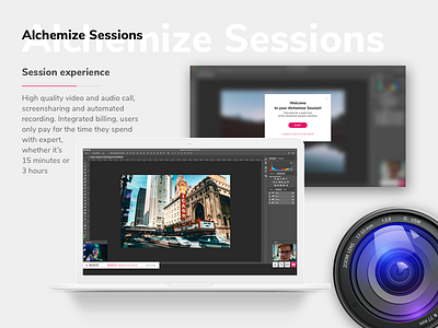 Alchemize billing interface pink recording screensharing sessions ui ux video videocalls web design white