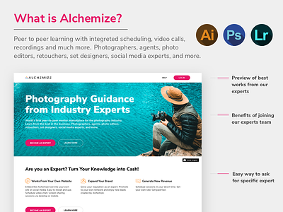 Alchemize billing interface pink recording screensharing sessions ui ux video videocalls web design white