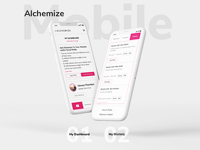 Alchemize dashboard expert history interface mobile pink ui ux web design white