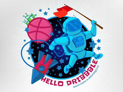 Hello dribbble! astronaut debut first galaxy hello illustration invite planet shot space ufo vector