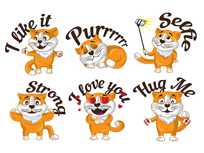 Vector set of cute kittens cartoon cat character cute hug illustration like love purring selfie strong vector