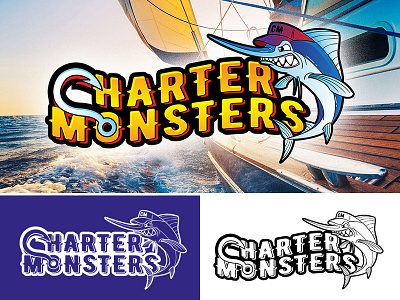 Charter Monsters logo blue marlin branding character design fish graphic design illustration logo mascot vector