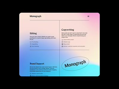 Services • Monograph Communications color design font gradients minimal typography web design