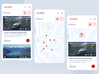 Globio Mobile app design filter flat map mobile mobile app product travel type typography ui ux