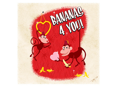 Valentine Monkeys bananas fez greetings heart hearts kitschy love monkeys retro sweet valentinecard valentines