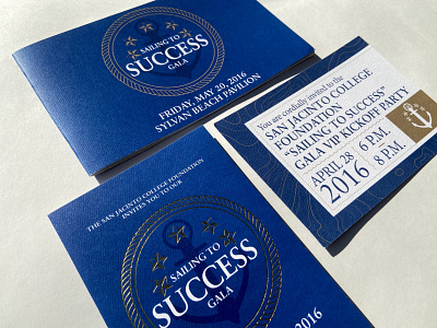 Sailing to Success gala invitations anchor blue branding community college foil gala gold maritime nautical rope