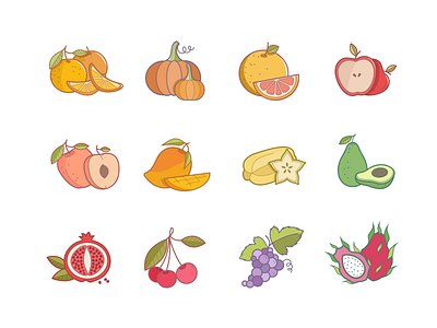 Fruit Icons apple cherry colors fruits icons illustrations mango orange plum pumpkin tropical