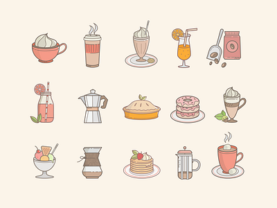 Coffeeshop Food icons cake coffee. drinks food ice cram juice pie sugar