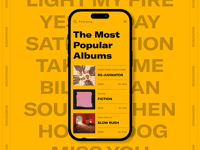 SOUNDMAG - Mobile App albums android app application clean design ios minimal mobile mobile app music musician song ui uiux ux yellow