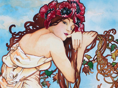The Seasons - Summer art nouveau mucha poppy summer watercolor