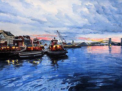 Summer Night On The Piscataqua River nh portsmouth river watercolor