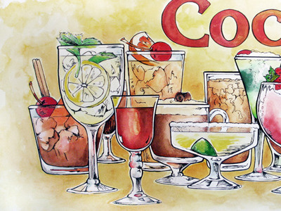 Cocktails fine art illustration pen and ink watercolor