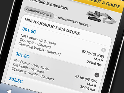 Excavators app iphone mobile ui