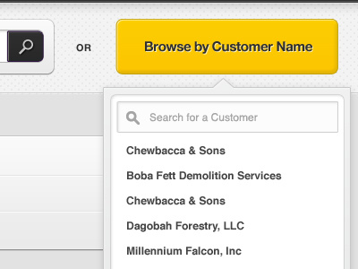 Customer Name hover live search menu search ui web