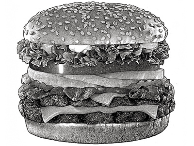 Hamburger food hamburger pen ink realistic stipple