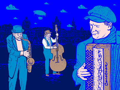 Prague street musicians band contrabass illustration music music player prague sax sky street