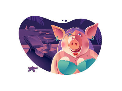 Misis Piggy evening beach evening illustration piggy summertime vacation