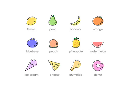 Food icons banana blueberry design donut drumstick food fruits icecream icon illustration lemon orange peach pear pineapple pizza watermelon