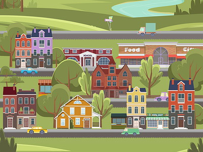City car city green house illustration red river road town trees vector