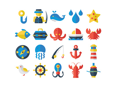 Nautical icon set compas crab fish fisherman jelly fish lobster nautical star fish whale