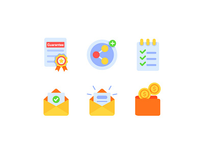 Icon set for web checklist complete task get paid guarantee receive message share social media