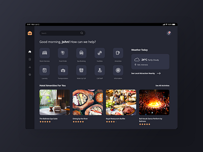 Hotel Guest Dashboard App dark ui dashboard hotel amenity hotel app hotel guest ipad minimalism simple spa user interface weather app