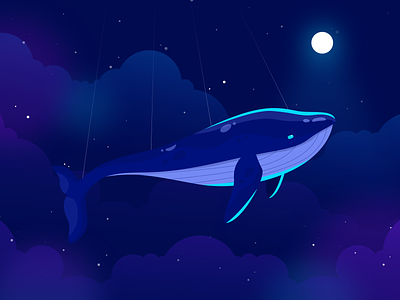 Flying Whale dream illustration moonlight night stars