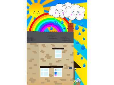 Daytime House Portrait for a Child's Room cottage girl house protrait rain rainbow raindrops sun sunrays