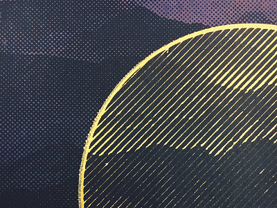 Mountains - Close Up gold halftone line mountains purple radial screen print screen printing