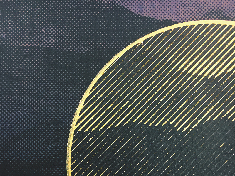 Mountains - Close Up line radial purple gold halftone screen printing screen print mountains