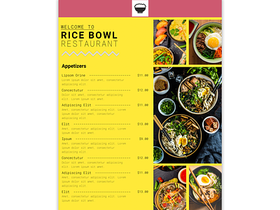 Rice Bowl Mock Menu One Page design graphic design