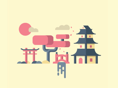 Temple arch asia castle cherry blossom colour japan japanese temple tree vector