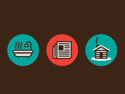 Comfort Icons hot tub news shelter cabin news paper icons log shower hot shower bath flat style camping lodging