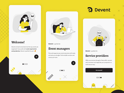 Devent - Event manager app app design event event manager events mobile task task management task manager tasks ui uidesign ux vendors welcome welcome screen yellow