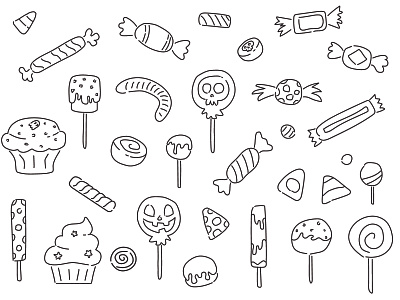 Trick or treat candy black line candy candy bay candy vactor chocolate chocolate bar graphic design halloween halloween day halloween food halloween vector happy halloween illustration line lollipop muffin no color sweet trick or treat vector