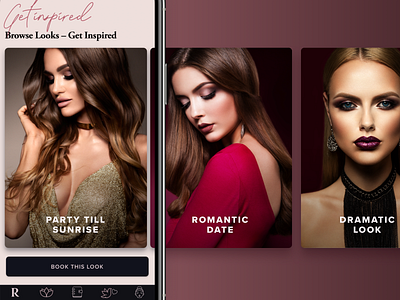 Beauty App UI – Suggestions Cards app app ui app ui ux b2c beauty beauty app beauty services dark fashion fashion photography glam glamour innovation makeup red suggestions tech technology ui user interface