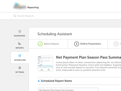 Reporting Scheduling Assistant dashboard reporting scheduler search steps wizard