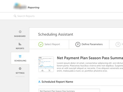 Reporting Scheduling Assistant dashboard reporting scheduler search steps wizard