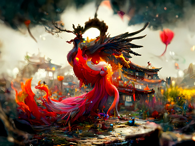 Chinese Phoenix Ancient Architecture painting