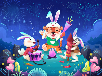 Happy New Year 2023 🎉 animal bunny character design firework graphic design hand draw illustration new year procreate rabbit vector
