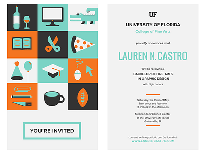 Finished product- Graduation Invite announcement commencement gators grad graduation graphic design invitation orange and blue pizza uf university of florida wine