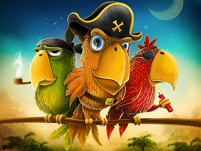 Team :) bird characters concept dynamite feather forest hat illustration jungle mood parrot pipe pirate sketch texture tobacco tree wood