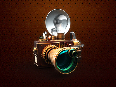 Steampunk camera 3d button camera icon illustration steampunk texture web