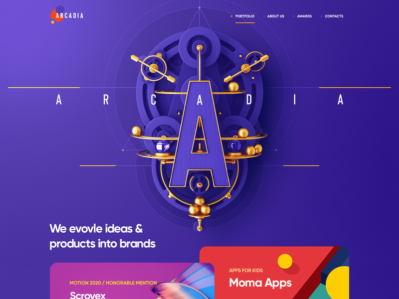Arcadia / Web studio 3d cinema logo neumorphism flat app ui ux wood metal vector branding illustration web icon design