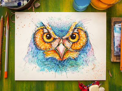 Owl bird character feather illustration owl paper pencil sketch texture water watercolor wood